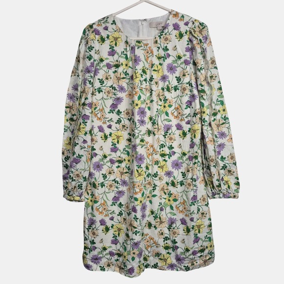 LOFT Women 8 Linen Blend Floral Long Sleeve Shift Dress Whisper White Romantic - Picture 2 of 11